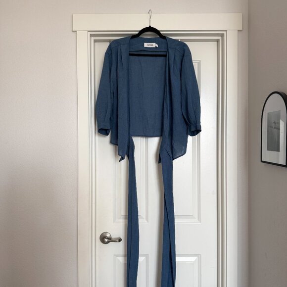 CEFINN Cotton-blend Voile Wrap Top In Blue - Picture 6 of 8